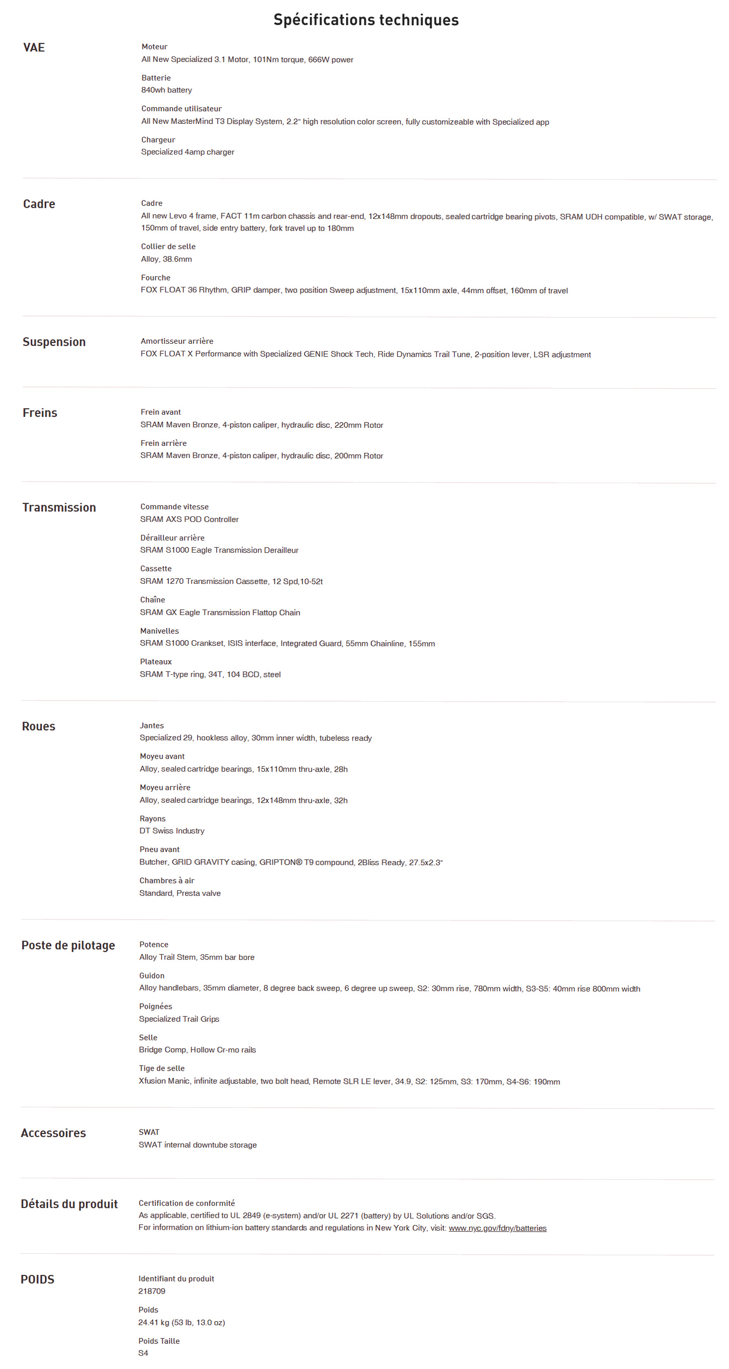 Caracteristique technique du Vélo électrique Turbo Levo 4 Comp année 2025